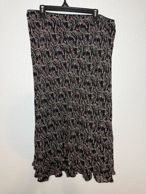 JM Collection Floral Ruffle Lined Long A-Line Skirt Black Pink White Size 16